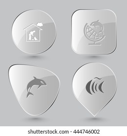 4 images: home cat, globe and shamoo, killer whale, fish. Animal set. Glass buttons on gray background. Vector icons.