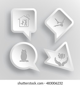 4 images: home dog, bats, owl, bird in hands. Animal set. Paper stickers. Vector illustration icons.