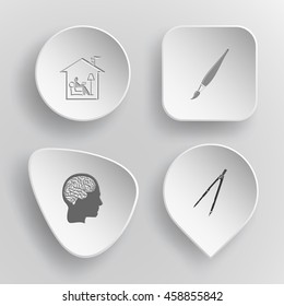 4 images: home reading, brush, human brain, caliper. Education set. White concave buttons on gray background. Vector icons.