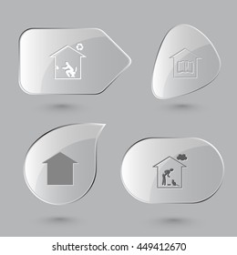 4 images: home toilet, library, frame, cat. Home set. Glass buttons on gray background. Vector icons.