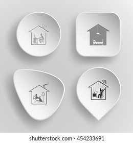 4 images: home work, hotel, reading, watching TV. Home set. White concave buttons on gray background. Vector icons.