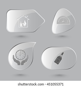 4 images: home work, protractor, clock in human hands, glue bottle. Education set. Glass buttons on gray background. Vector icons.
