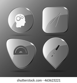 4 Bilder: menschliches Gehirn, Kaliber, Protraktor, Tintenstift. Bildungsstand. Glasknöpfe. Vektorgrafik-Symbol.