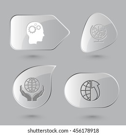 4 images: human brain, globe and clock, protection world, array up. Business set. Glass buttons on gray background. Vector icons.