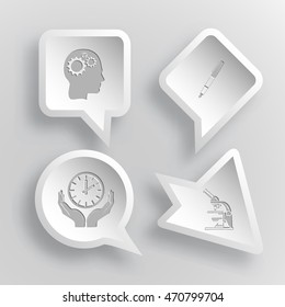 4 images: human brain, ink pen, clock in hands, lab microscope. Education set. Paper stickers. Vector illustration icons.