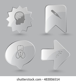 4 images: human brain, thermometer, stethoscope, dna. Medical set. Glass buttons on gray background. Vector icons.