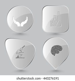 4 images: human hands, chemical test tubes, lab microscope, brain. Medical set. Glass buttons on gray background. Vector icons.