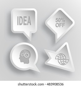 4 images: idea, 50% OFF, human brain, shift globe. Business set. Paper stickers. Vector illustration icons.