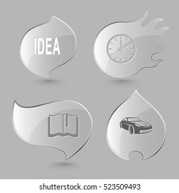 4 images: idea, clock, book, car. Business set. Glass buttons on gray background. Fire theme. Vector icons.