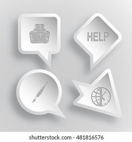 4 imágenes: insignia, ayuda, cepillo, globo y reloj. Conjunto de educación. Etiquetas de papel. Iconos de la ilustración del vector.