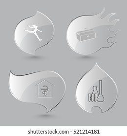 4 images: jumping girl, medical suitcase, pharmacy, chemical test tubes. Medical set. Glass buttons on gray background. Fire theme. Vector icons.