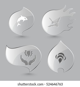 4 images: killer whale, bats, bird in hands, bee. Animal set. Glass buttons on gray background. Fire theme. Vector icons.