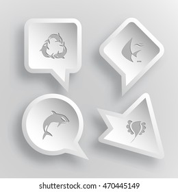 4 images: killer whale as recycling symbol, fish, bird. Animal set. Paper stickers. Vector illustration icons.