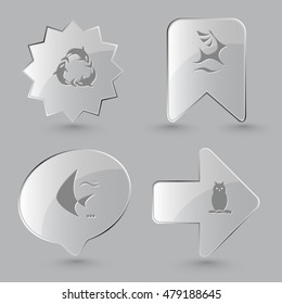 4 images: killer whale as recycling symbol, deer, fish, owl. Animal set. Glass buttons on gray background. Vector icons.
