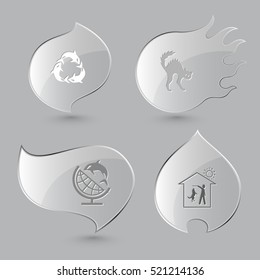 4 images: killer whale as recycling symbol, cat, globe and shamoo, home dog. Animal set. Glass buttons on gray background. Fire theme. Vector icons.