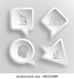 4 images: lab microscope, chemical test tubes, human brain. Tehnology set. Paper stickers. Vector illustration icons.