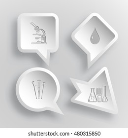 4 imágenes: microscopio de laboratorio, gota, muletas, tubos de ensayo químicos. Equipo médico. Etiquetas de papel. Iconos de la ilustración del vector.