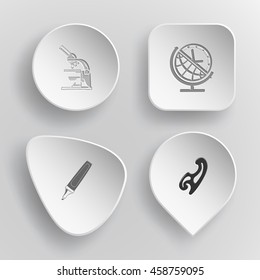 4 images: lab microscope, globe and clock, felt pen, french curve. Education set. White concave buttons on gray background. Vector icons.