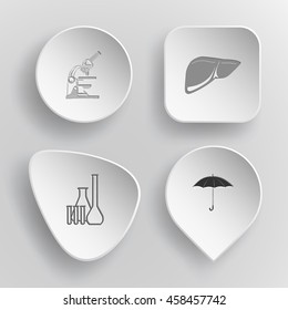 4 imágenes: microscopio de laboratorio, hígado, tubos de ensayo químicos, paraguas. Equipo médico. Botones cóncavo blancos sobre fondo gris. Iconos vectores.