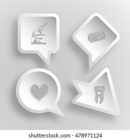 4 images: lab microscope, medical suitcase, heart, tooth. Medical set. Paper stickers. Vector illustration icons.