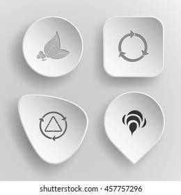 4 images: leaf with berries, recycle symbols, bee. Nature set. White concave buttons on gray background. Vector icons.