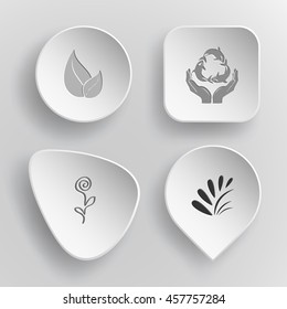 4 images: leaf, protection sea life, flower, plant. Nature set. White concave buttons on gray background. Vector icons.