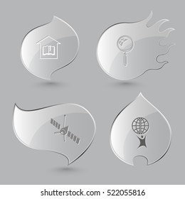 4 images: library, magnifying glass, spaceship, little man with globe. Science set. Glass buttons on gray background. Fire theme. Vector icons.