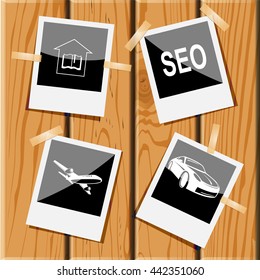 4 images: library, seo, airliner, car. Business set. Photo frames on wooden desk. Vector icons.