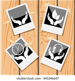 4 imágenes: vida en manos humanas, audífonos, reloj. En las manos. Fotografías sobre un escritorio de madera. Iconos vectores.