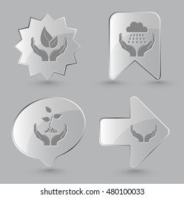 4 images: life, weather, plant, human hands. In hands set. Glass buttons on gray background. Vector icons.