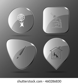 4 images: little man with globe, lab microscope, brush, home reading. Education set. Glass buttons. Vector illustration icon.