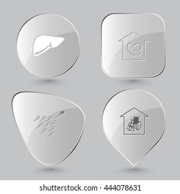 4 images: liver, orphanage, spermatozoon, nursing home. Medical set. Glass buttons on gray background. Vector icons.