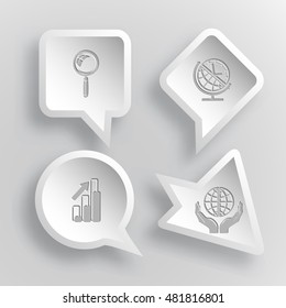 4 images: magnifying glass, globe and clock, diagram, protection world. Business set. Paper stickers. Vector illustration icons.