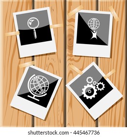 4 images: magnifying glass, little man with globe, gears, school globe. Science set.Photo frames on wooden desk. Vector icons.