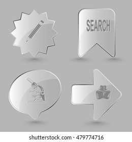 4 images: pencil, search, lab microscope, inkstand. Education set. Glass buttons on gray background. Vector icons.