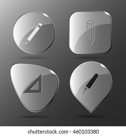 4 images: pencil, triangle ruler, felt pen. Education set. Glass buttons. Vector illustration icon.