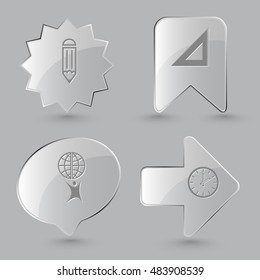 4 images: pencil, triangle ruler, little man with globe, clock. Education set. Glass buttons on gray background. Vector icons.
