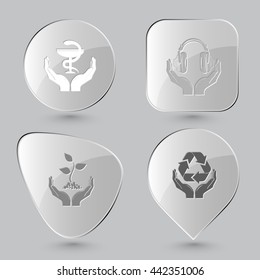 4 images: pharma symbol in hands, headphones, plant, protection nature. In hands set. Glass buttons on gray background. Vector icons.
