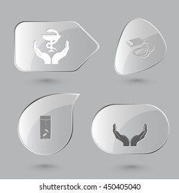 4 images: pharma symbol in human hands, blood pressure, glass with tablets. Medical set. Glass buttons on gray background. Vector icons.