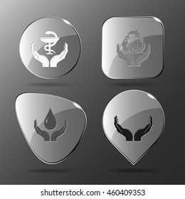 4 images: pharma symbol in human hands, protection sea life, blood. In hands set. Glass buttons. Vector illustration icon.