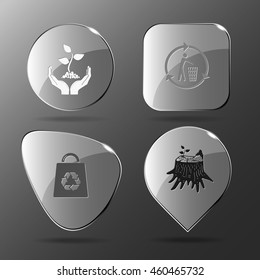 4 Images: Plant In Hands, Recycling Bin, Bag, Stub. Ecology Set. Glass Buttons. Vector Illustration Icon.