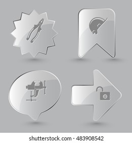4 images: pliers, hard hat, clamp, opened lock. Industrial tools set. Glass buttons on gray background. Vector icons.