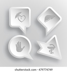 4 images: protection love, liver, stop hand, pharma symbol. Medical set. Paper stickers. Vector illustration icons.