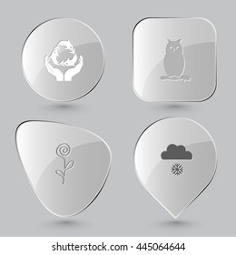 4 images: protection sea life, owl, flower, snowfall. Nature set. Glass buttons on gray background. Vector icons.