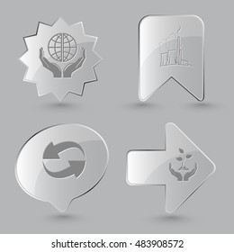 4 images: protection world, thermal power engineering, recycle symbol, plant in hands. Ecology set. Glass buttons on gray background. Vector icons.