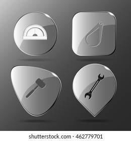 4 images: protractor, caliper, mallet, spanner. Industrial tools set. Glass buttons. Vector illustration icon.