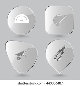 4 imágenes: protractor, sombrero duro, carretilla, alicates. Herramientas industriales. Botones de vidrio sobre fondo gris. Iconos vectores.