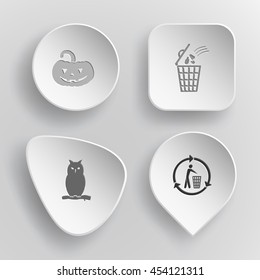 4 images: pumpkin, bin, owl, recycling bin. Nature set. White concave buttons on gray background. Vector icons.