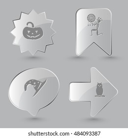 4 images: pumpkin, ethnic little man as shaman, astrologer's hat, owl. Mystic signs set. Glass buttons on gray background. Vector icons.