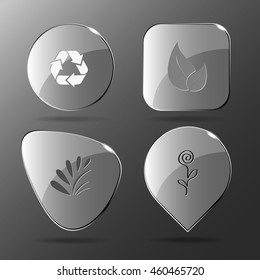 4 imágenes: símbolo de reciclaje, hoja, planta, flor. La naturaleza. Botones de vidrio. Icono de ilustración del vector.